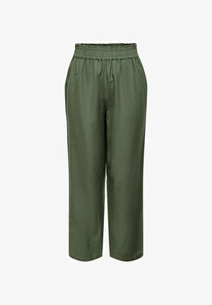 Pantalon large vert olive avec taille élastique et poches latérales, fabriqué en tissu lisse et léger.