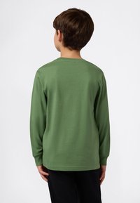 Langermet skjorte i dempet grønn med rund hals og en jevn tekstur. Baksiden har ingen distinkte mønstre eller dekorasjoner.
