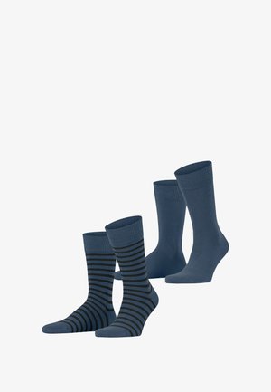 Viererpack blaue Socken: zwei einfarbige dunkelblaue, zwei mit dunkelblauen und schwarzen Streifen gemustert. Baumwollgemisch, Knöchellänge, glatte Textur.