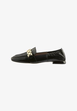 Black patent leather loafers with a pointed toe, featuring a gold hardware accent across the front and a small heel. Smooth texture.