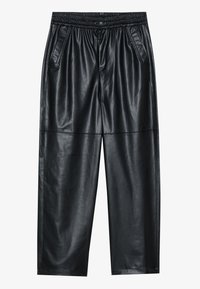 Sorte bukser i kunstlæder med elastisk talje, der har to sidelommer og en afslappet pasform. Glat tekstur med en let glans.