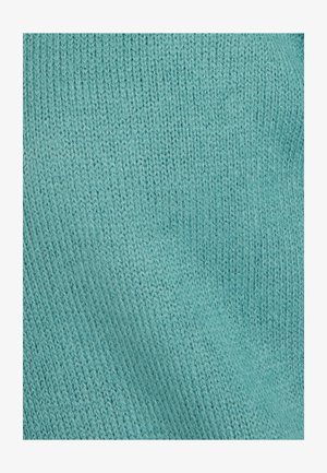 Gebreide trui van stof in licht turquoise, met een gladde textuur en een subtiel patroon van fijne lijnen en steken.