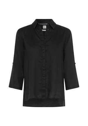 Sort langærmet linnedbluse med krave, knaplukning foran og let længere bagtil.