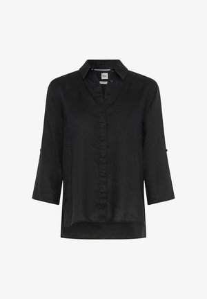 Sort langærmet linnedbluse med krave, knaplukning foran og let længere bagtil.