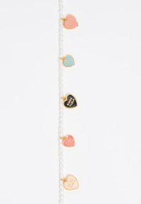 Beaded bracelet featuring white faux pearls and five colorful heart-shaped charms in pink, blue, black, and gold, each with text.