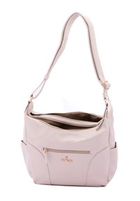 Licht beige leren handtas met een gestructureerde afwerking, voorzien van een ritssluiting aan de bovenkant, een voorvak en een verstelbare schouderriem. Afgewerkt met gouden accenten.