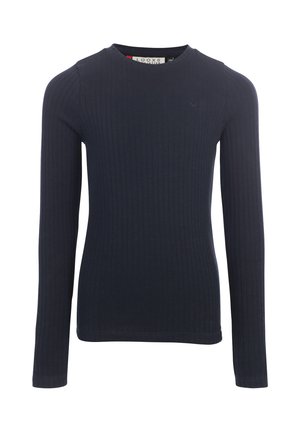 Marineblauw geribd shirt met lange mouwen, ronde hals en aansluitend ontwerp.
