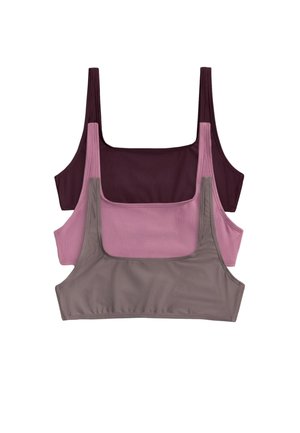 Tre crop top senza maniche impilati, colori dal davanti al dietro: taupe, rosa chiaro a coste e bordeaux scuro, su sfondo bianco.