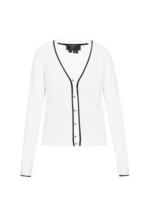 Fehér kardigán V nyakkal, fekete szegéllyel, hét elülső gombbal. Hosszú ujja van és testhezálló fazonú.