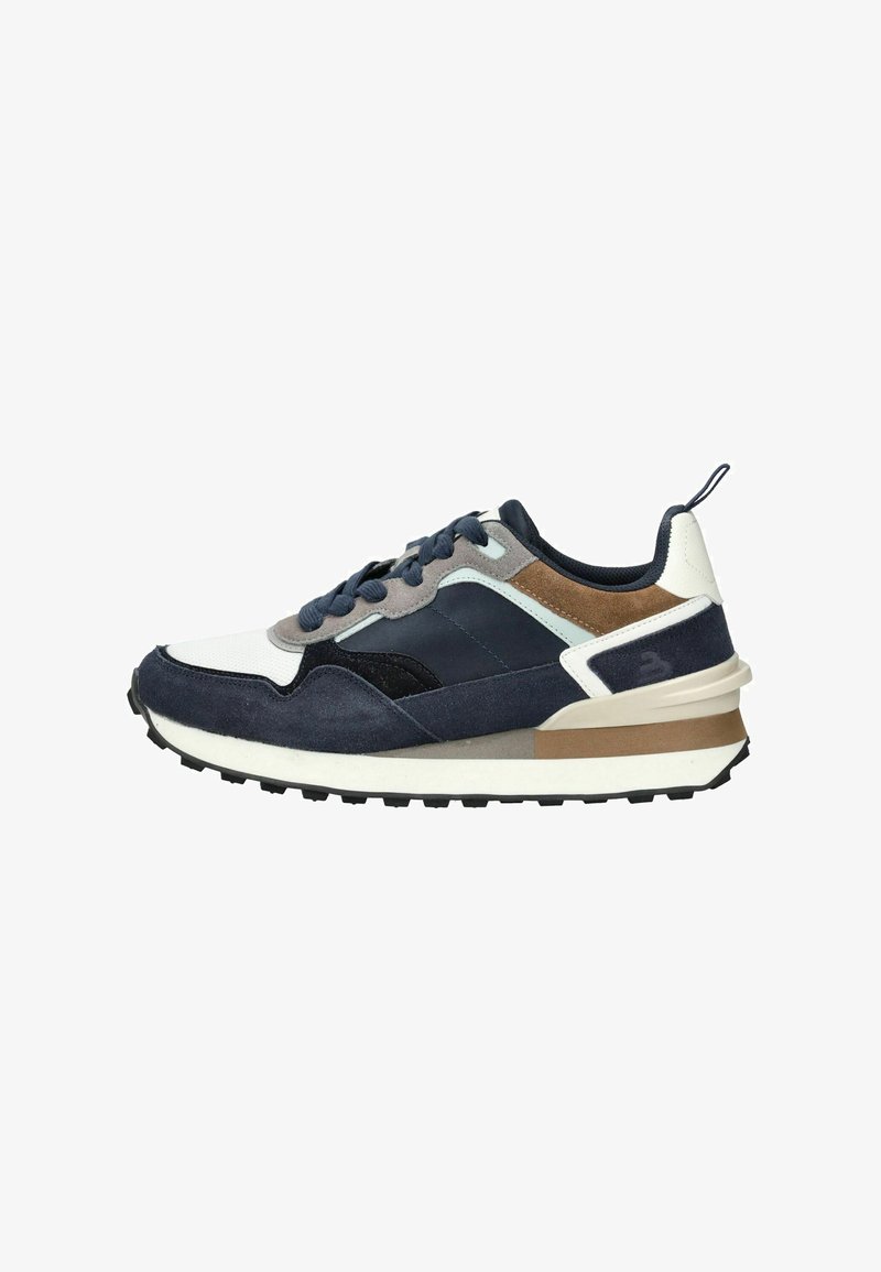 Marineblaue und beige Sportschuhe aus einer Mischung aus Wildleder und Mesh-Materialien, mit einem mehrschichtigen Design, strukturierten Akzenten und Gummisohlen.