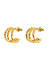 Orecchini a cerchio in oro con una finitura testurizzata e martellata, caratterizzati da un design a spirale e una chiusura a perno sicura.