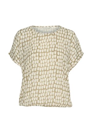 Short-sleeve top made of lightweight fabric, featuring a beige background with white abstract shapes and a round neckline.