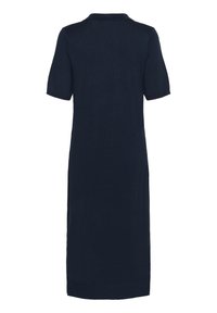 Abito lavorato a maglia blu navy con colletto polo, maniche corte e taglio dritto. Presenta un orlo all'altezza del ginocchio e un tessuto testurizzato.