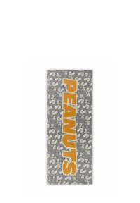 Objet sur le thème des Peanuts avec un fond gris et des illustrations répétées de Snoopy, agrémenté d'un grand texte orange indiquant "PEANUTS."