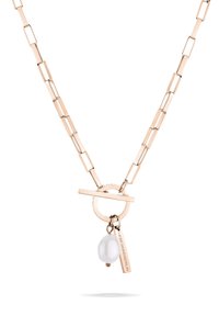 Rose gold kædestenek, der har rektangulære led, med en toggle-lås, en cirkulær vedhæng og en skinnende hvid perle accent.