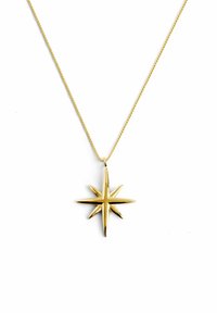 Goldene sternförmige Anhängerkette mit einem länglichen Design und spitzen Kanten, aufgehängt an einer feinen Goldkette. Polierte Oberfläche.