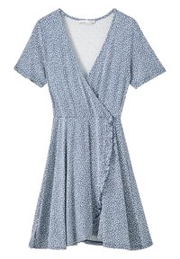 Modré květinové zavinovací šaty s krátkými rukávy, výstřihem do V, rozšířenou sukní a knoflíkovými detaily na boku. Vyrobeno z lehkého materiálu.