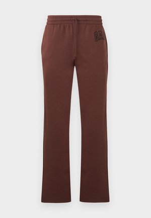 Brown cotton sweatpants with a relaxed fit, featuring an elastic waistband, drawstring, and black embroidered logo on the front.