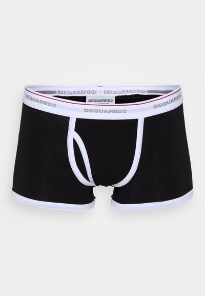 Svarta boxerkalsonger med en vit elastisk midjeband och grått tryck. Tillverkade av ett mjukt stoff, de har en åtsittande passform och kontrasterande kant.
