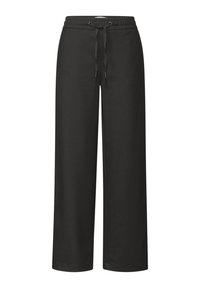 Czarne spodnie o szerokich nogawkach, z elastycznym paskiem i sznurkiem do regulacji. Wykonane z miękkiego materiału, o gładkiej fakturze, bez widocznych wzorów.