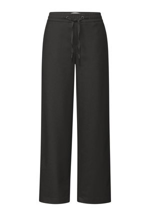 Pantalones negros de pierna ancha con cintura elástica y cordón. Hechos de tela suave, con una textura lisa y sin patrones visibles.