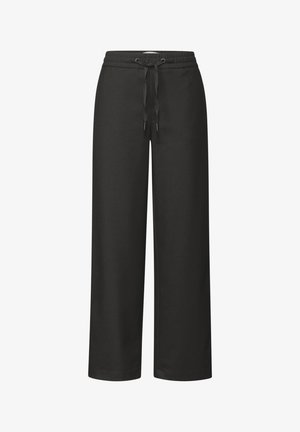 Mustat leveälahkeiset housut, joissa on joustava vyötärönauha ja kiristysnauha. Valmistettu pehmeästä kankaasta, jossa on sileä pinta eikä näkyviä kuvioita.