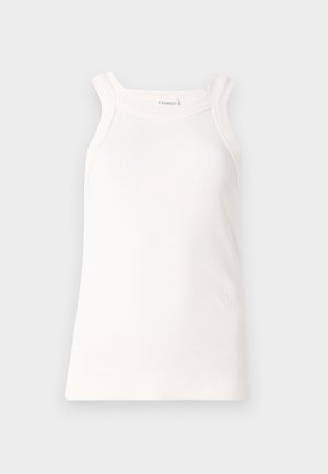 White ribbed tank top with rounded neckline and wide straps. Features a subtle logo detail on the hem. Soft fabric with a fitted shape.