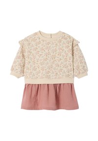 Blumenmuster-Pullover mit Puffärmeln, cremefarbenem Oberteil und rosa Baumwollrock. Mit rundem Halsausschnitt und Knopfverschluss hinten.