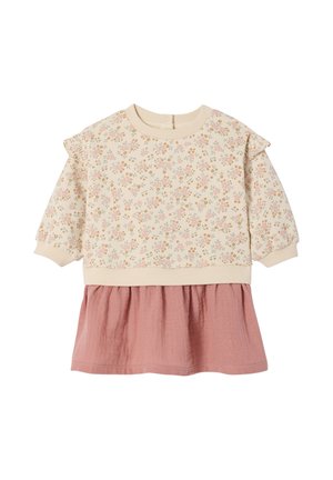 Blumenmuster-Pullover mit Puffärmeln, cremefarbenem Oberteil und rosa Baumwollrock. Mit rundem Halsausschnitt und Knopfverschluss hinten.