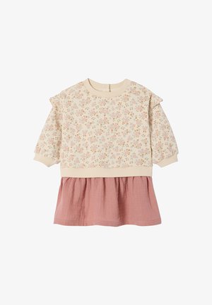 Blumenmuster-Pullover mit Puffärmeln, cremefarbenem Oberteil und rosa Baumwollrock. Mit rundem Halsausschnitt und Knopfverschluss hinten.