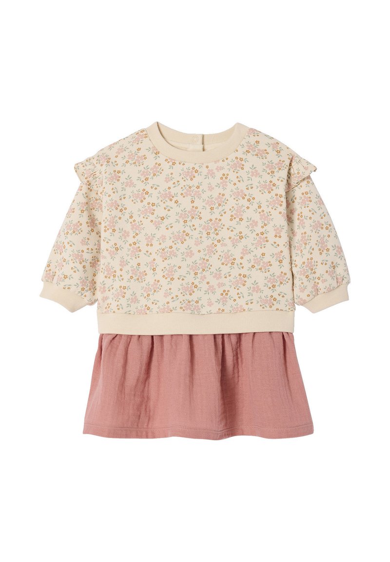 Blumenmuster-Pullover mit Puffärmeln, cremefarbenem Oberteil und rosa Baumwollrock. Mit rundem Halsausschnitt und Knopfverschluss hinten.