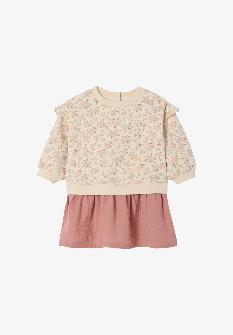 Blumenmuster-Pullover mit Puffärmeln, cremefarbenem Oberteil und rosa Baumwollrock. Mit rundem Halsausschnitt und Knopfverschluss hinten.