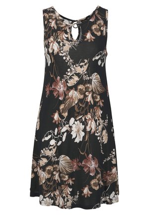Ärmelloses schwarzes Kleid mit floralem Muster in Creme, Braun und Burgunderrot. Mit einem Schlüsselloch-Ausschnitt und einem lockeren Schnitt-Design. Aus Baumwollmaterial.