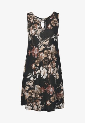 Vestido negro sin mangas con estampado floral en crema, marrón y burdeos. Presenta un escote tipo keyhole y un diseño de corte relajado. Material de algodón.