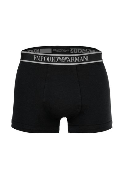 Μαύρα ανδρικά μπόξερ με γκρι ζώνη μέσης με το λογότυπο Emporio Armani και προσαρμοσμένη μπροστινή θήκη.