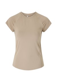Beige kortærmet atletisk t-shirt med rund hals, glat tekstur og minimale syninger. Fleksibel pasform og afslappet design.