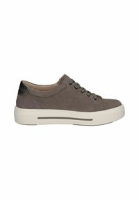 Sneakers in suede grigio con suola in gomma bianca, punta tondeggiante e lacci tono su tono. Presentano un dettaglio in pelle scura sul tallone e una cucitura laterale sottile.