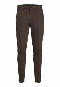 Pantalon pour homme coupe slim de couleur brun foncé, avec passants de ceinture, bouton à l'avant, et pli marqué sur chaque jambe.