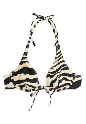 Mustavalkoinen seepra-kuvioitu bikinipäällinen, jossa on kauluksen kiinnitys ja etuosan solmittava suljenta valkoisella taustalla.