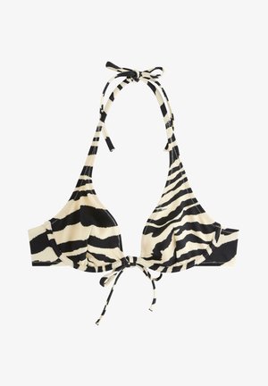 Mustavalkoinen seepra-kuvioitu bikinipäällinen, jossa on kauluksen kiinnitys ja etuosan solmittava suljenta valkoisella taustalla.