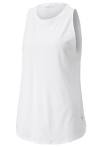 Top de entrenamiento blanco sin mangas, hecho de una tela suave y lisa, con un escote redondo y un pequeño logotipo en el dobladillo. Diseñado para la comodidad.
