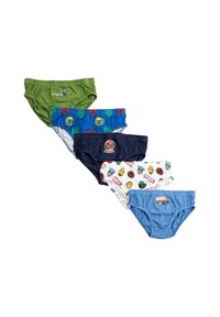 Set di cinque slip da bambino: verde con stampa di Hulk, blu con supereroi a fantasia, blu scuro con Spider-Man, bianco con disegni misti di personaggi, azzurro chiaro con logo Marvel.