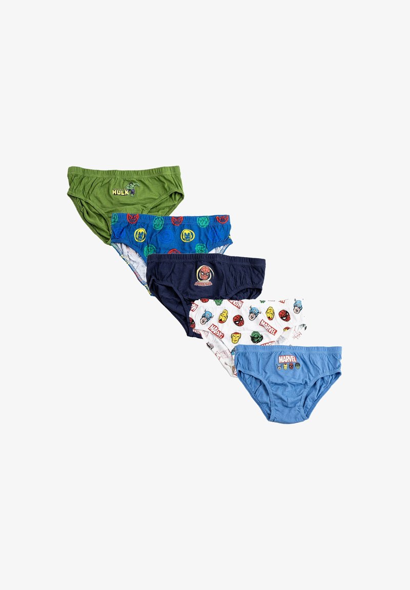 Set di cinque slip da bambino: verde con stampa di Hulk, blu con supereroi a fantasia, blu scuro con Spider-Man, bianco con disegni misti di personaggi, azzurro chiaro con logo Marvel.