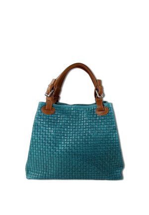 Turkooise geweven leren handtas met lichtbruine leren handvatten en zilverkleurige gespen, rechthoekige vorm met gestructureerde bodem.