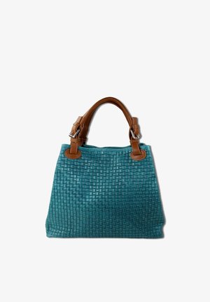 Turkooise geweven leren handtas met lichtbruine leren handvatten en zilverkleurige gespen, rechthoekige vorm met gestructureerde bodem.
