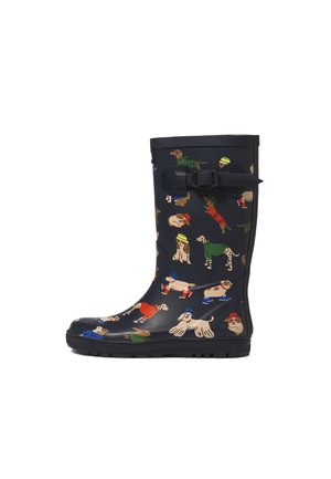 Botte de pluie bleu marine avec des illustrations colorées de chiens portant des chapeaux et des pulls, avec une sangle noire ajustable à boucle sur le côté.