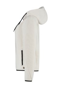 Crème ribbel gebreide hoodie met zwarte trekkoorden en zwart afgewerkte ritszakken aan de zijkant, weergegeven vanaf de rechterzijde.