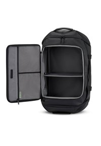 Czarna plecak z zamkiem błyskawicznym z przodu, z szarym wnętrzem, dwoma przegródkami i boczną siateczkową kieszenią do organizacji.