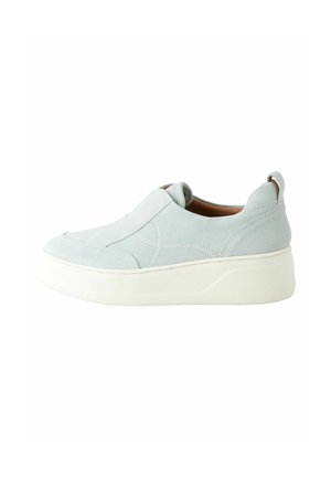 Light blue suede slip-on shoe with a rounded toe, white platform sole, and subtle stitching details on the upper.