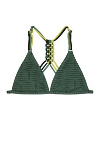 Top bikini triangolare verde con un motivo testurizzato. Presenta spalline intrecciate multicolori che formano un design unico sul retro.